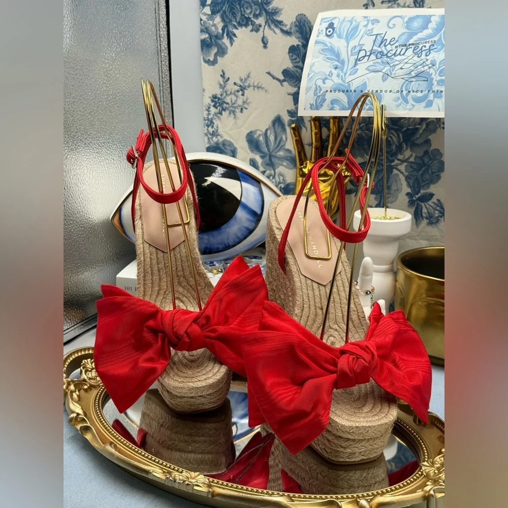 🆕 LOEFFLER RANDALL 🧿 NWOB Angelina Red Moiré Bow Wedge Espadrille, Sz 7
